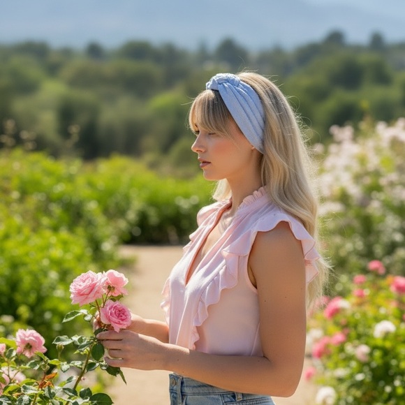 Light Blue Swiss Dot Sailor Knot Headband, Handmade & New Without Tag - Picture 5 of 9